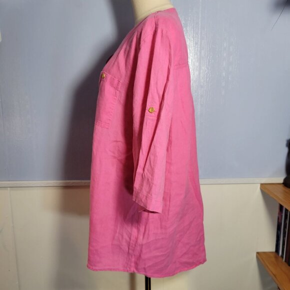 Company Ellen Tracy Extra Large Pink Peony Zippered V Neck Roll Tab Linen Blouse - Picture 7 of 13